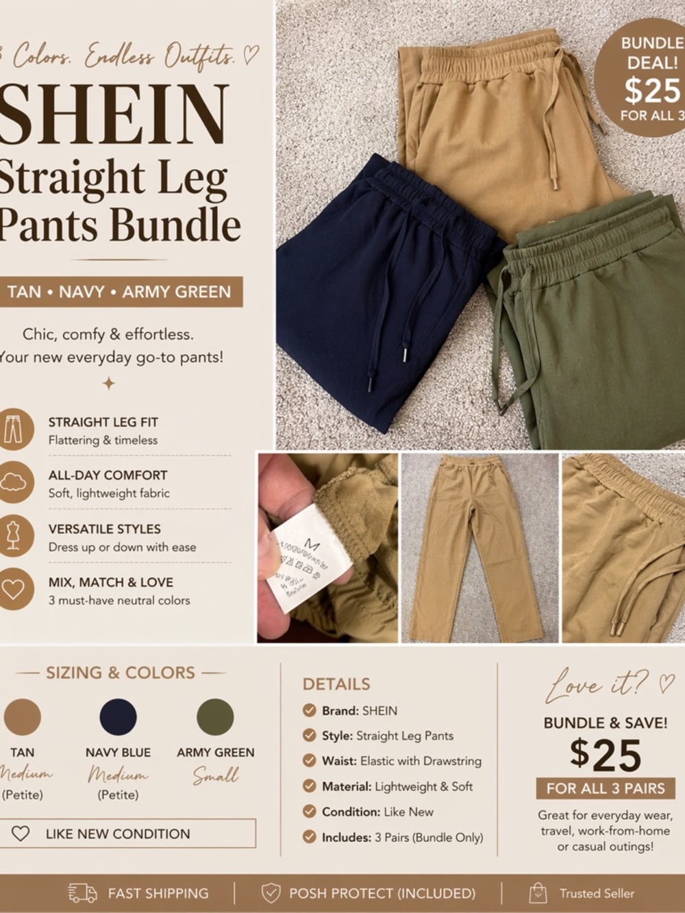 SHEIN Straight Leg Pants Bundle | Tan, Navy & Army Green | Sizes S/M